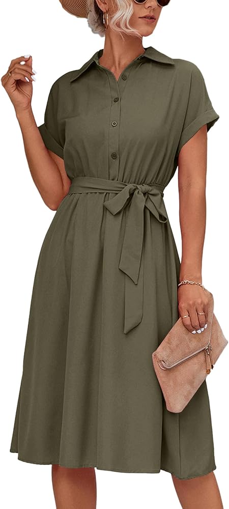 LYANER Women's Collar V Neck Button Front Tie Waist Short Sleeve Ruffle Hem Midi Dress