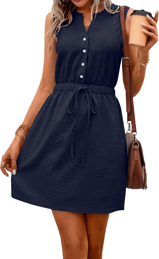 MakeMeChic Women's Casual Sleeveless Summer Dress Button Down Tie Waist A Line Short Dress Solid Tank Dress