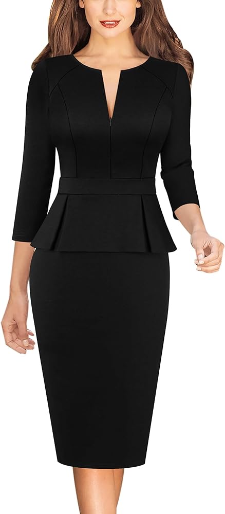 VFSHOW Womens Work Business Office Front Zipper Peplum Professional Church Pencil Sheath Dress