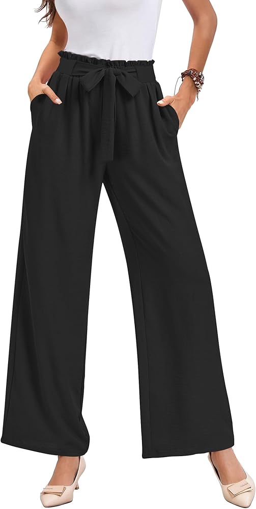 Wide Leg Palazzo Pants Woman with Pockets High Waist Pant Adjustable Knot Loose Trousers Business Casual Work Pants