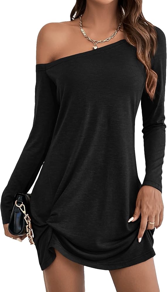 SOLY HUX Women's Ruched Twist Hem Tee Dress Long Sleeve Asymmetrical Neck Mini Dresses