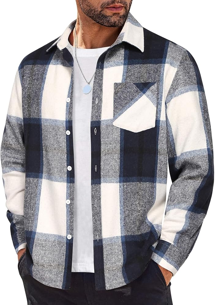 COOFANDY Mens Flannel Shirt Long Sleeve Lightweight Plaid Shirt Casual Button Down Shirts Jacket