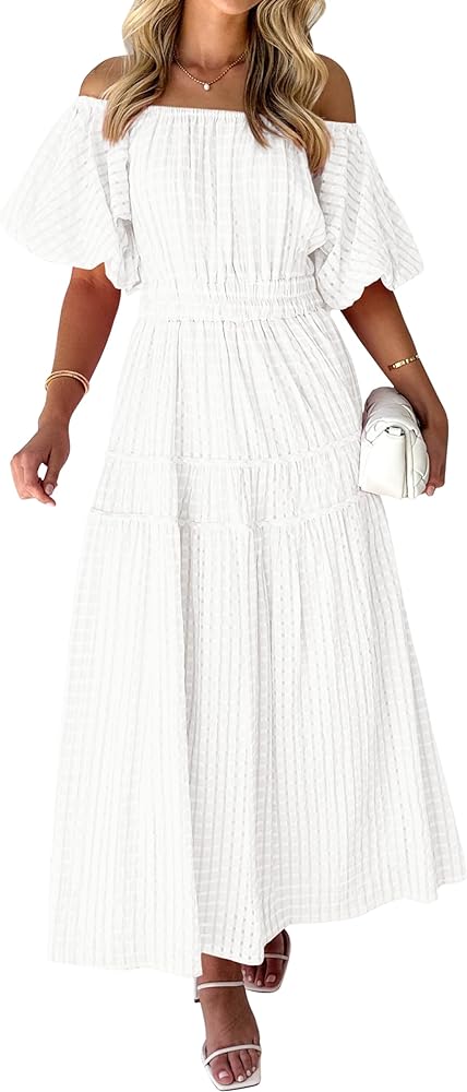 MASCOMODA Off The Shoulder Flowy Maxi Dress for Women 2024 Summer Casual Puff Short Sleeve Smocked Ruffle Beach Long Dresses