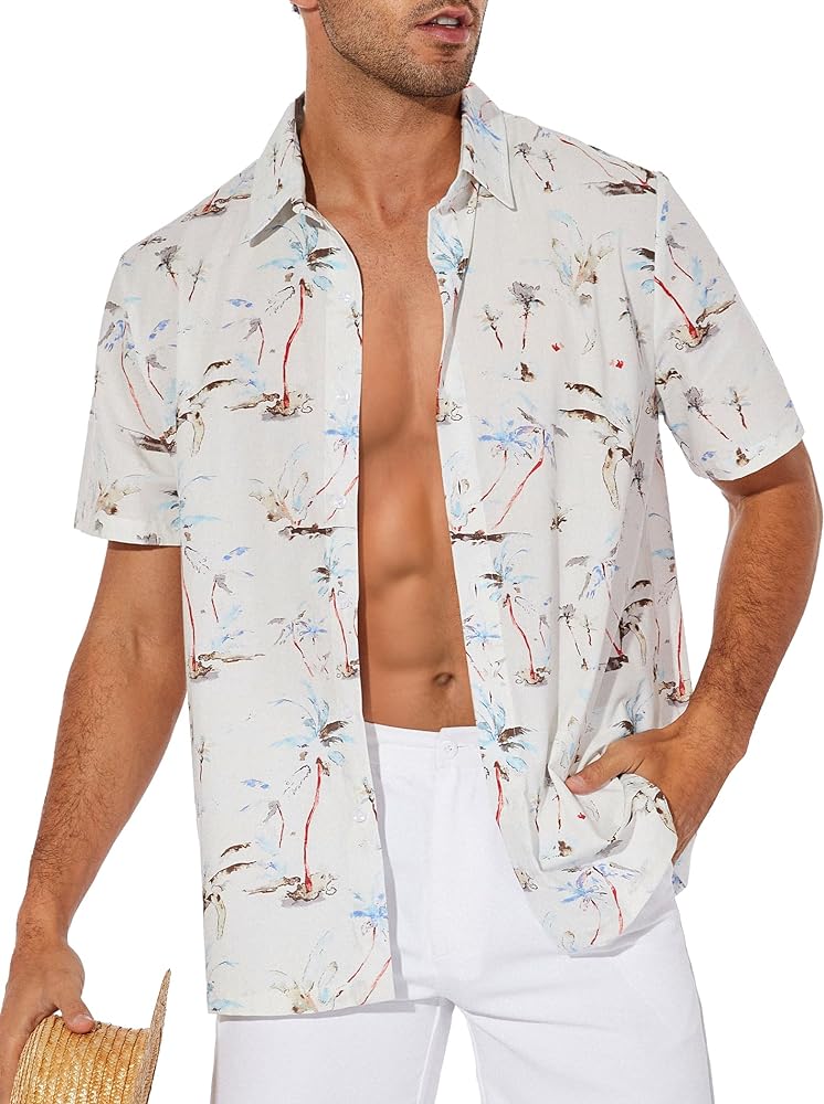 ZAFUL Men's Hawaiian Shirt Cotton Short Sleeve Button Down Summer Tropical Beach Shirts