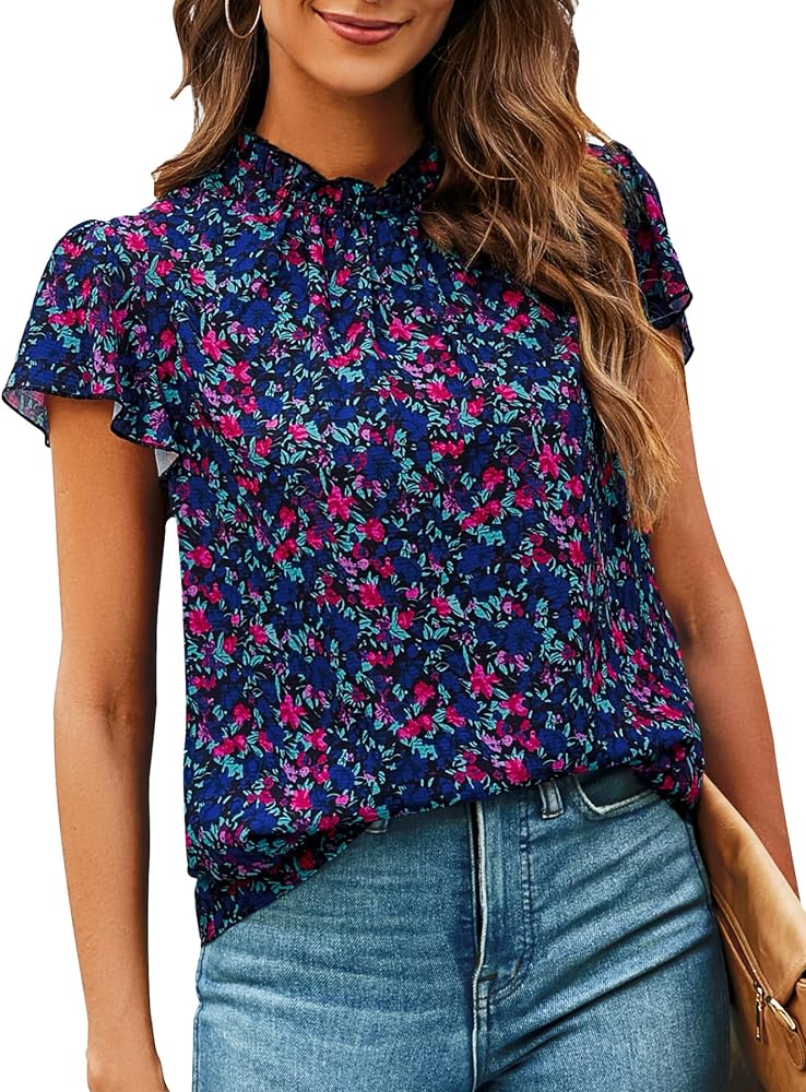 SimpleFun Women Boho Shirts Floral Ruffle Short Sleeve Mock Neck Flowy Casual Summer Blouses Tops