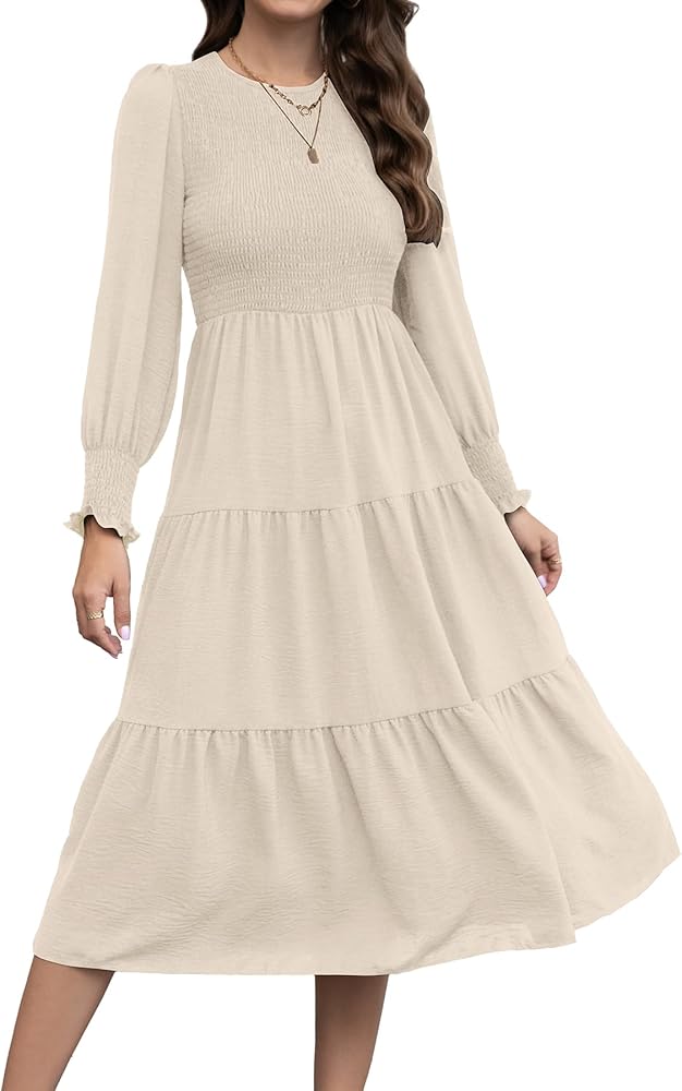 Women's Casual Long Sleeve Fall Dress Crew Neck Smocked Hight Waist Flowy Maxi Tiered Dresses