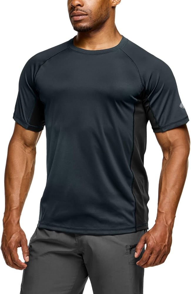 TSLA CLSX Men's Rashguard Swim Shirts, UPF 50+ Protection Quick Dry, Stretch Comfort Fit, Flatlock Seams, Outdoor & Water Sports, Flow Charcoal & Black, Large