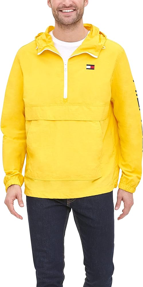 Tommy Hilfiger Men's Retro Lightweight Taslan Hooded Popover Water Resistant Windbreaker Jacket