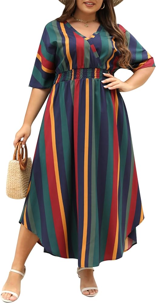 Nemidor Womens Casual Plus Size Boho Print V Neck Flared Maxi Dress with Pocket NEM403