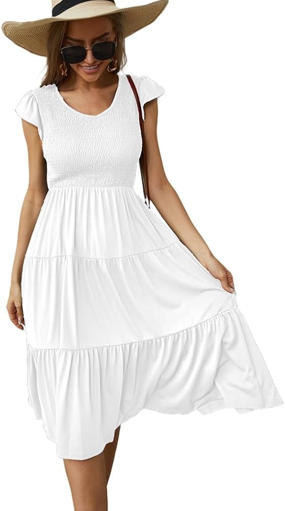 Womens Elegant Evening Party Dress Flutter Sleeve Midi Summer Beach V Neck Sundress Casual Tiered Smocked