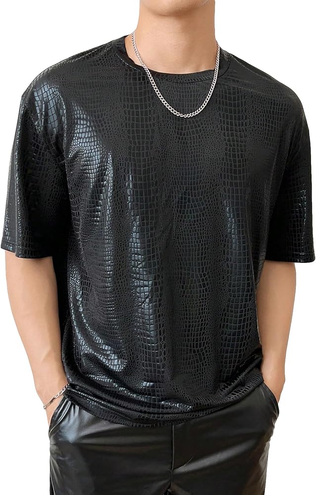 OYOANGLE Men's Oversized PU Leather Printed Short Sleeve Round Neck Longline Tee Shirt Tops