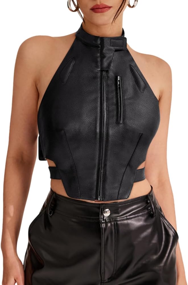 REORIA Women's Sexy Halter Neck Open Back Y2K Trendy Going Out Backless Faux Leather Tank Crop Tops