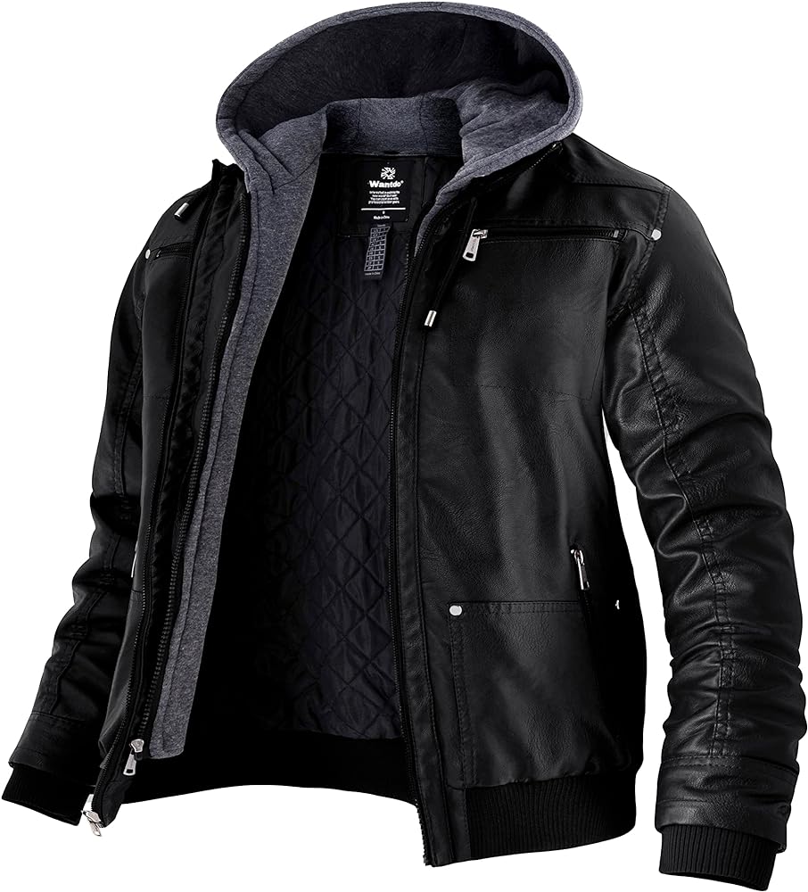 wantdo Men's Big and Tall PU Faux Leather Jacket Zip-Up Motorcycle Bomer Jacket Casual Winter Coat with Removable Hood