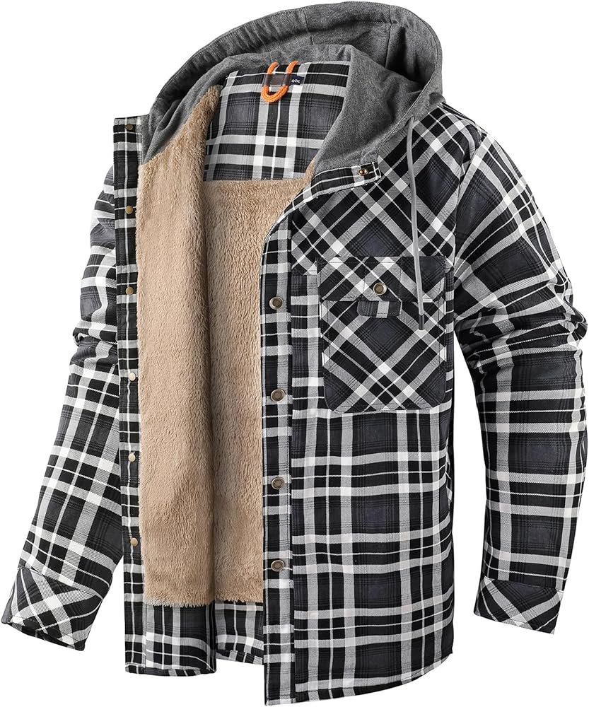 Mr.Stream Men's Hooded Coat Casual Thicken Plaid Work Flannel Snap Sherpa Lined Fleece Shirt Jacket