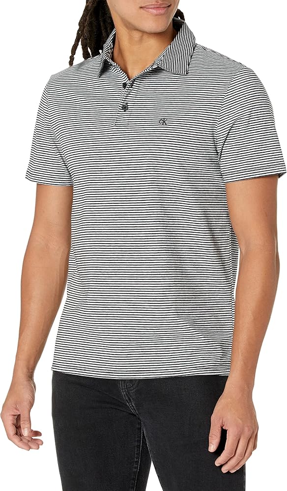 Calvin Klein Men's Smooth Cotton Monogram Logo Feeder Stripe Polo Shirt