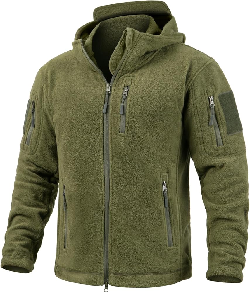 CARWORNIC Men's Tactical Hooded Fleece Jackets Full-Zip Winter Warm Polar Military Outdoor Hiking Coat with Zipper Pockets