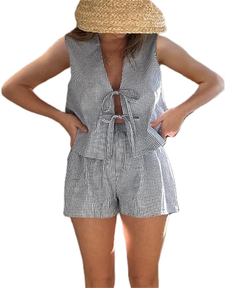 Women Y2k Summer Set 2 Piece Loungewear Set Sleeveless Tie Front Tank Top Vest Baggy Shorts Pj Set Vacation Set