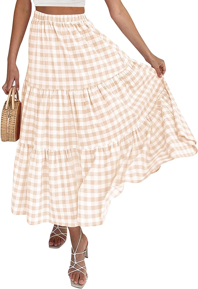 ZESICA Women's 2024 Summer Plaid Flower Elastic High Waist Flowy A Line Maxi Skirt with Pockets