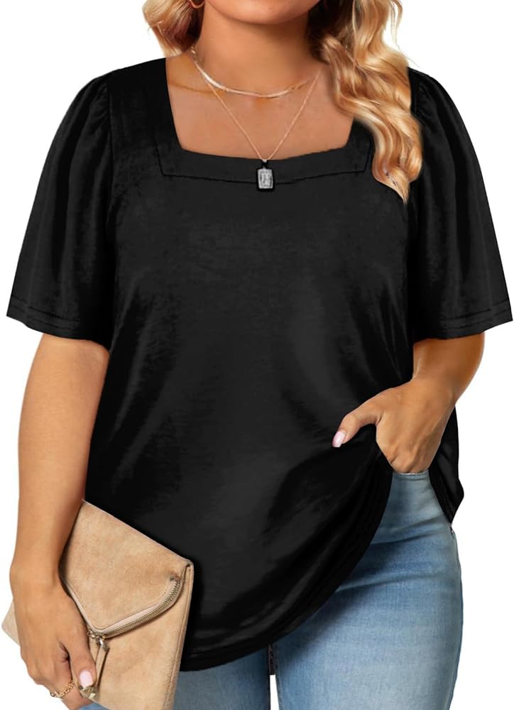 Eytino Womens Plus Size Tops Casual Summer Square Neck Puff Sleeve Loose Fit Tee Shirts(1X-5X)