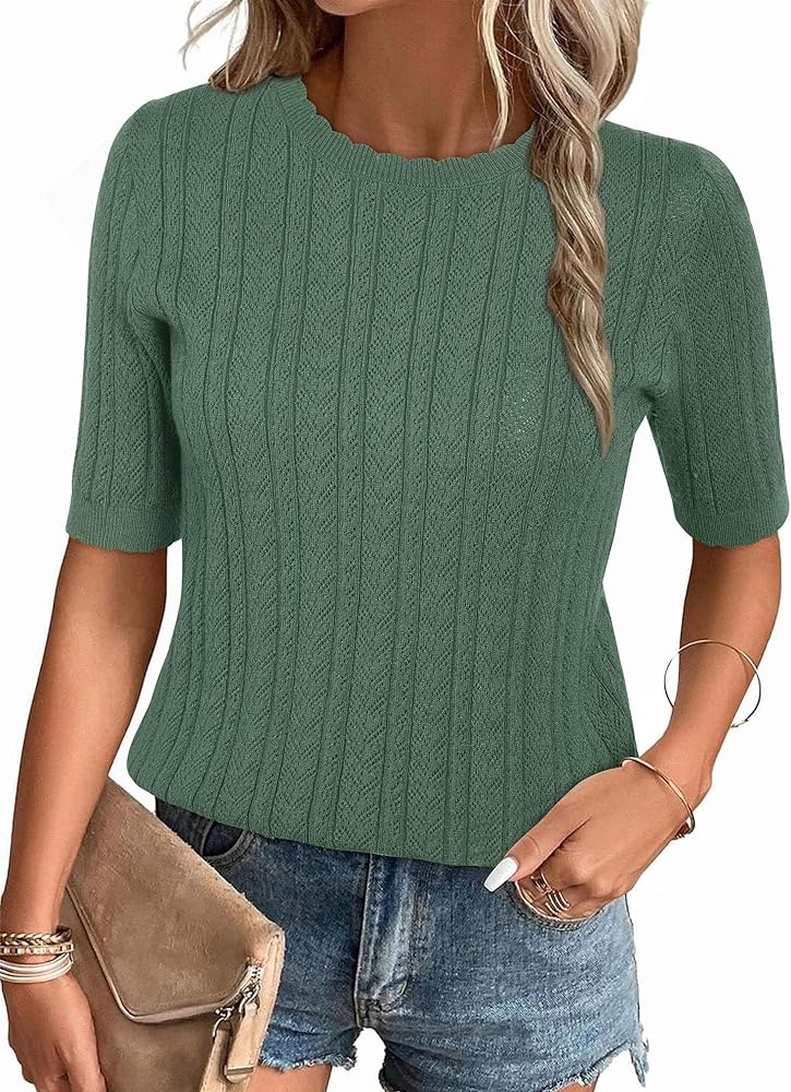 Arach&Cloz Womens Summer Tops 2024 Soft Spring Short Sleeve Casual Blouses Shirt Crewneck Fashion Knit Pullover Sweater