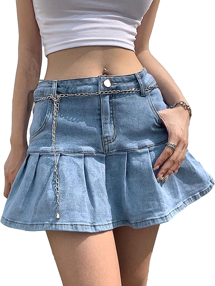 Yeokou Women's Casual Slim A-line Pleated Ruffle Short Mini Denim Skirts