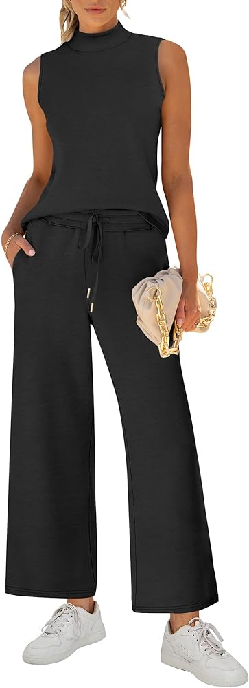 ANRABESS Women 2 Piece Outfits Summer Lounge Sets Mock Neck Top Wide Leg Pants Casual Fashion Tracksuit 2024 Travel Clothes