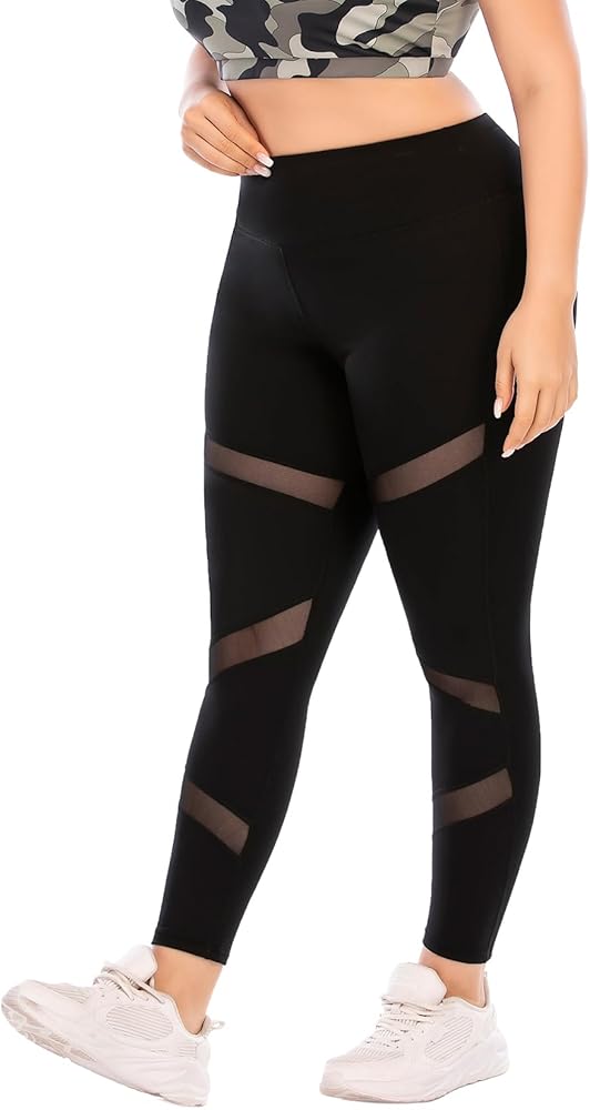 Plus Size Leggings, Black Mesh Yoga Pants for Women with Pockets High Waisted Tummy Control & Squat Proof Workout Leggings