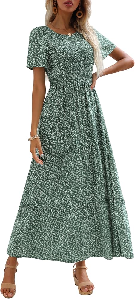 Maggeer Womens 2024 Summer Fall Smocked Wedding Guest Maxi Dress Casual Short Sleeve Floral Boho Flowy Long Dress