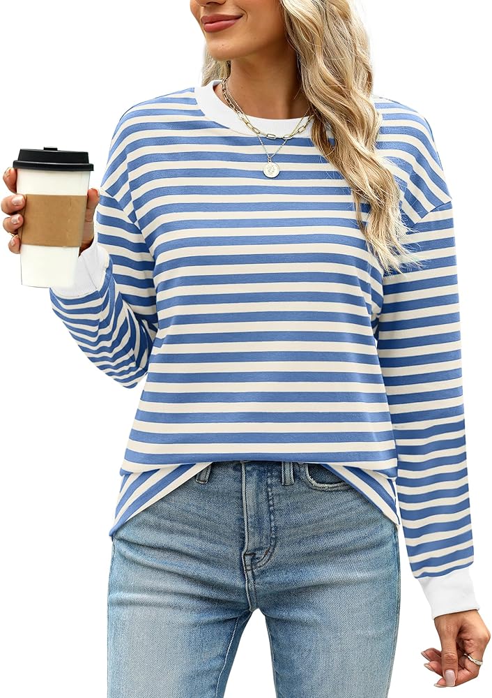 WIHOLL Womens Tunic Tops Long Sleeve Striped Shirts Crewneck Tops