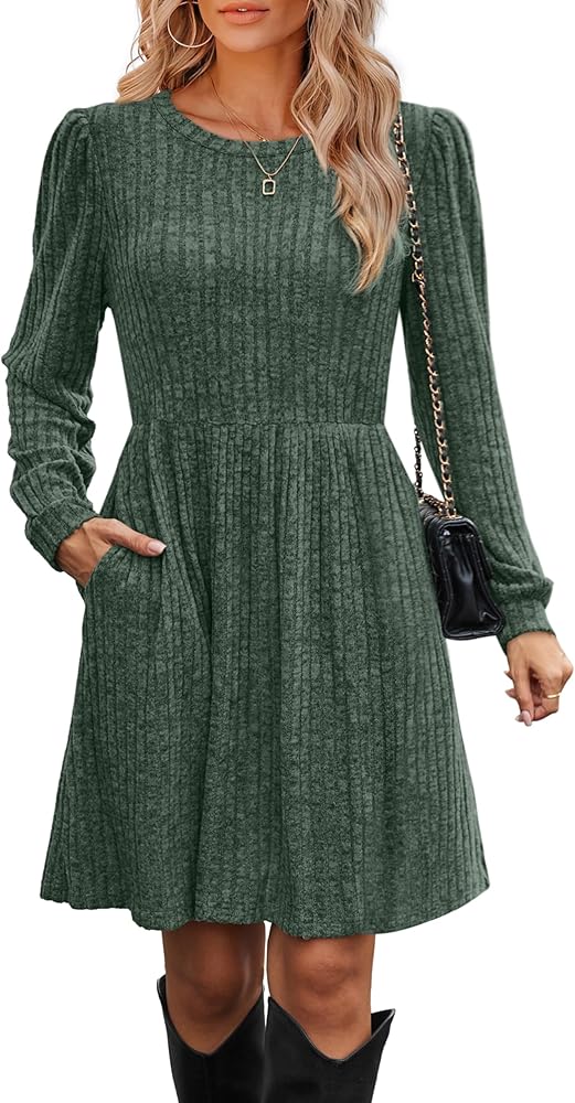 OFEEFAN Womens Fall Dresses Crew Neck Long Sleeve Winter Knit Sweater Dress 2024