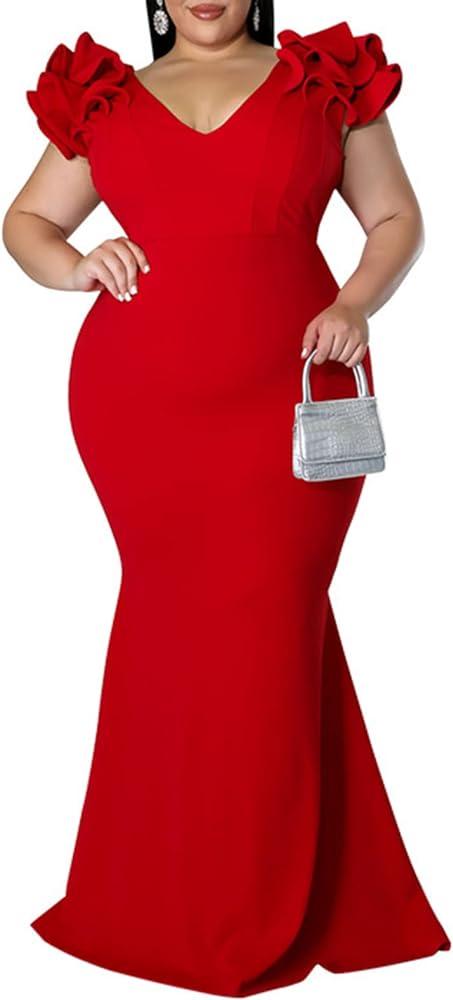 Women's Plus Size Maxi Dress Elegant V-Neck Ruffle Sleeves Bodycon Long Formal Dresses Evening Gown