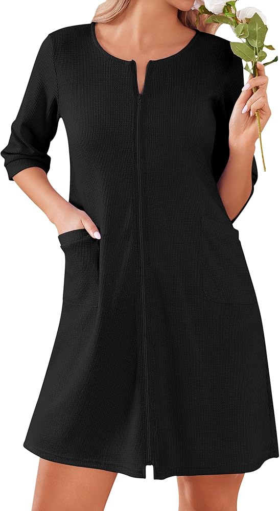 Ekouaer Zip Up Robes for Women 3/4 Sleeve Waffle Knit Bathobe Lightweight Knee Length Housecoat with Pockets S-3XL