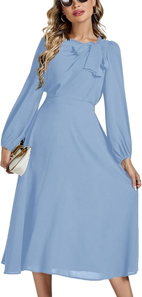 LYANER Women's Elegant Bow Tie Crew Neck Puff Long Sleeve A-Line Swing Midi Dress