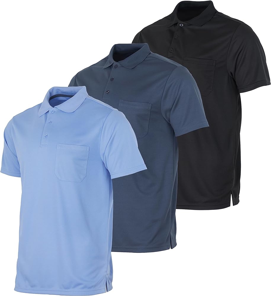 Real Essentials 3 Pack: Mens Short Sleeve Dry-Fit Collared Polo Shirt with Pocket - Active Casual (Available Big & Tall)