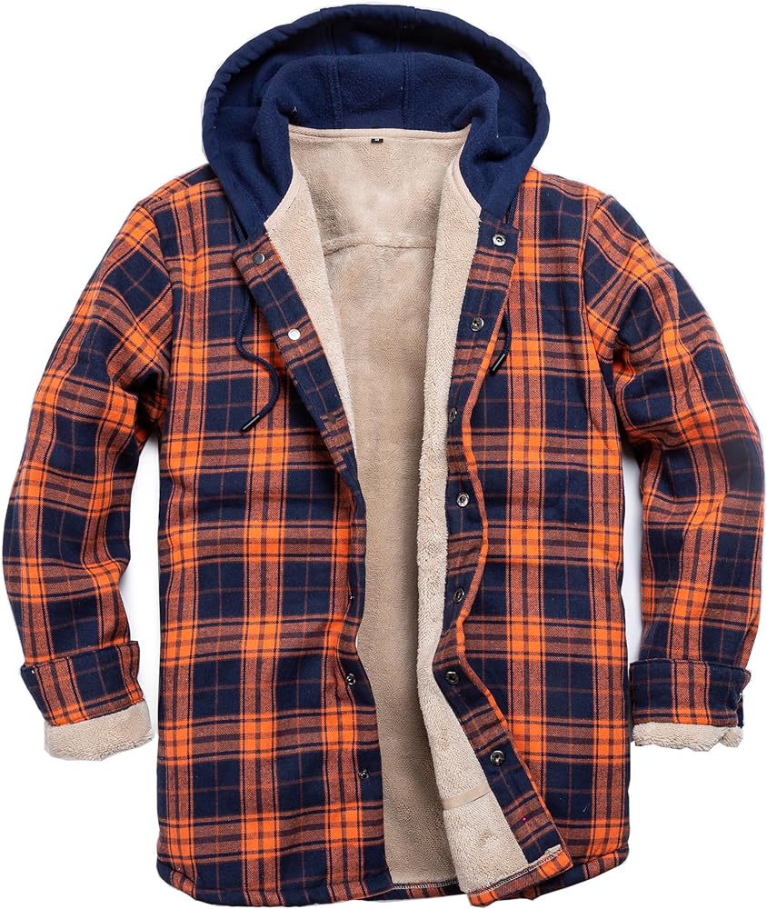 Men's Cotton Plaid Long Sleeve Shirts Jacket Fleece Lined Flannel Shirts Sherpa Button Down Coat with Hood