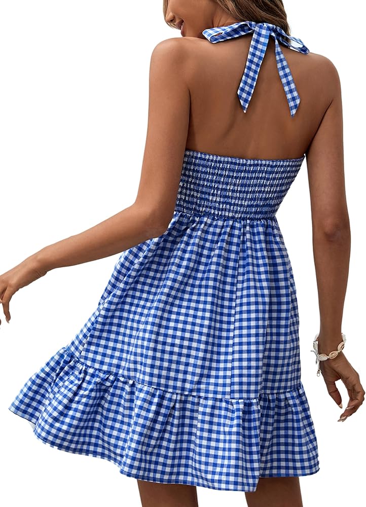 Floerns Women's Gingham Print Sleeveless Cut Out Halter Neck Ruffle Hem Dress