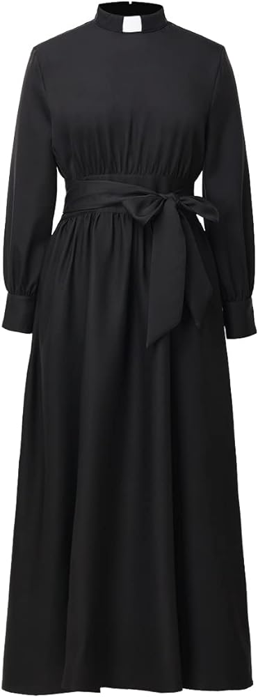 Church Clergy Dress for Women Long Sleeve A Line Elegant Maxi Dress with Tab Insert Stand Collar and Belt