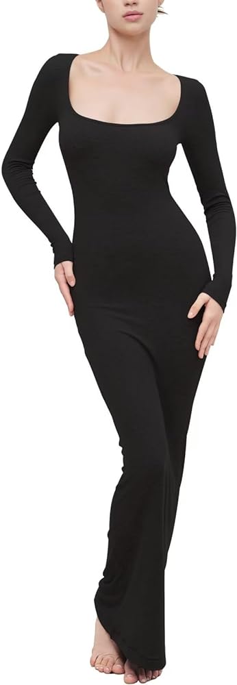 Women's Long Sleeve Maxi Dress Square Neck Ribbed Bodycon Dresses for Women Lounge Long Dress