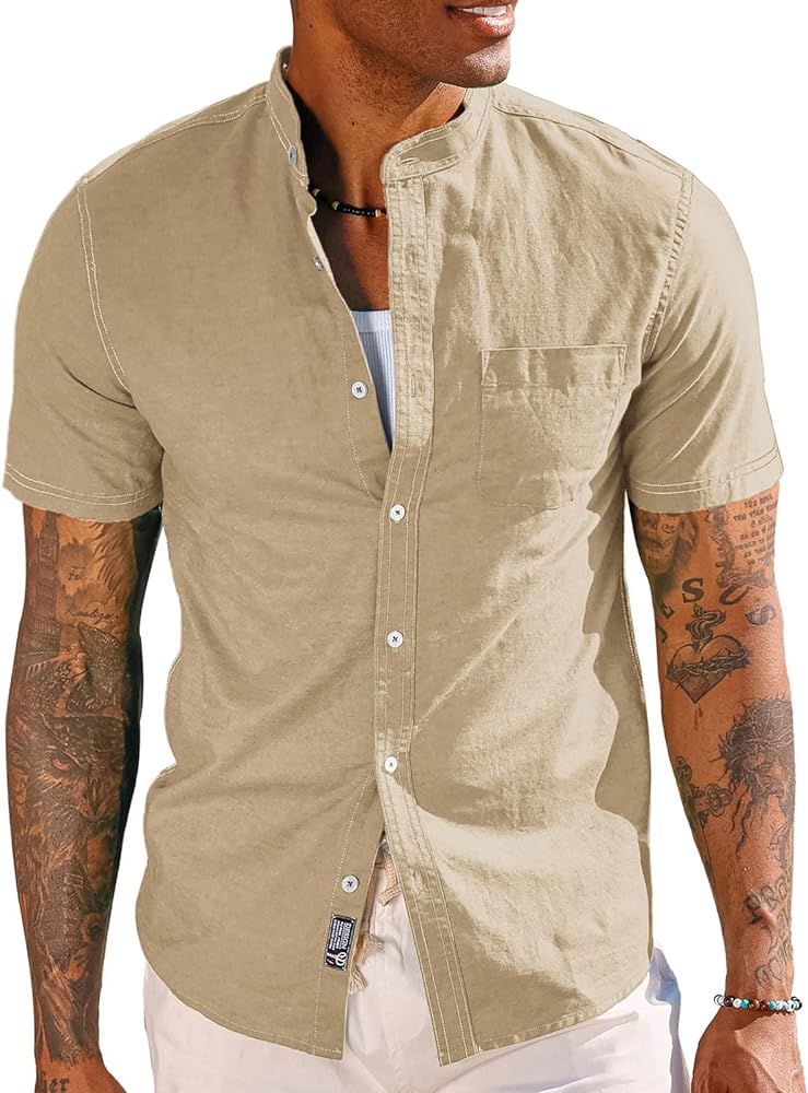 PJ PAUL JONES Mens Linen Shirts Casual Band Collar Short Sleeve Button Down Summer Beach Shirts