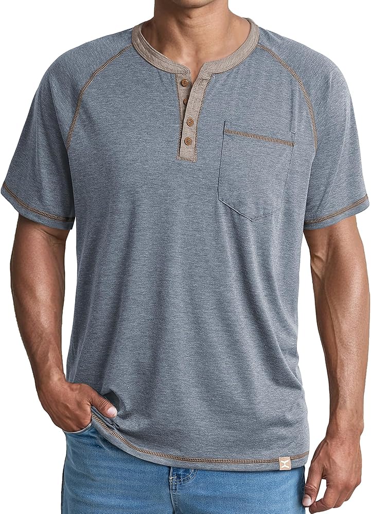 JMIERR Men's Henley Short Sleeve T-Shirt Cotton Casual Shirts with Pockets