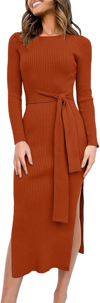 ANRABESS Women's 2023 Fall Elegant Sweater Dress Long Sleeve Crewneck Tie Waist Slim Rib Knit Slit Bodycon Midi Dress