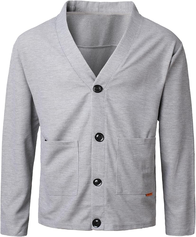 Men's V-Neck Lightweight Cardigan with Light Waffle Structure Classic Long Sleeve Thin Jacket with Button