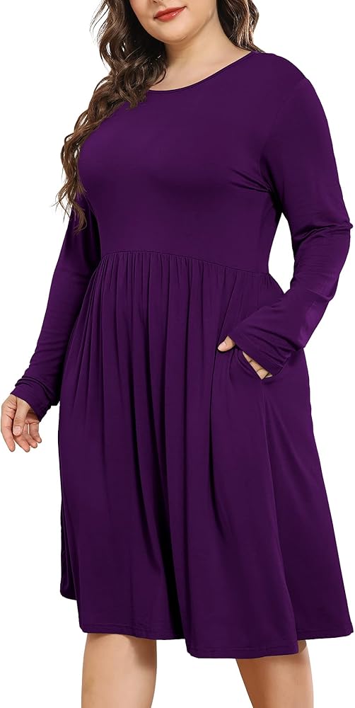 POSESHE Women's Plus Size Dresses Long Sleeves Crew Neck Casual Dresses Empire Waist Loose Flowy Dress with Pockets