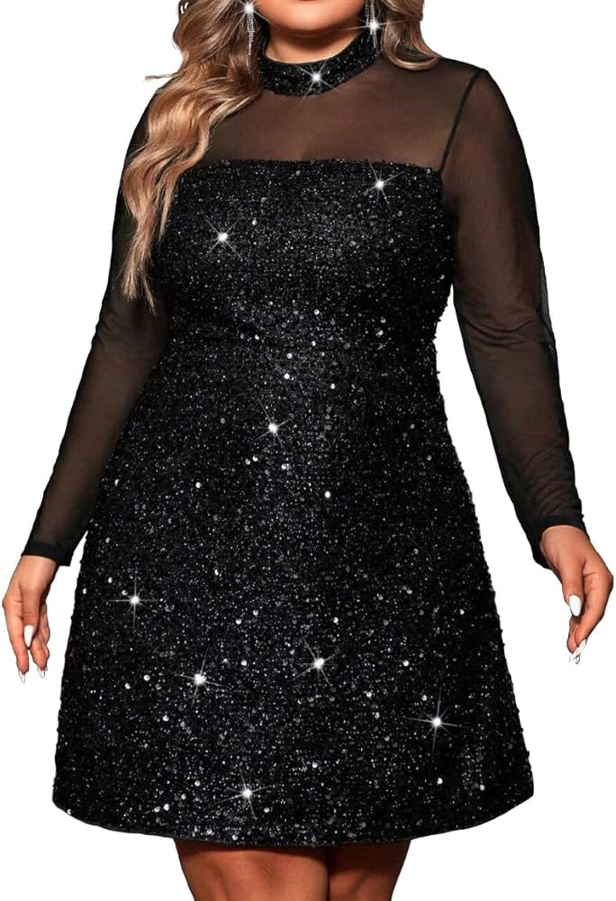 Plus Size Sexy Sheer Mesh Long Sleeve Rhinestones Party Night Club Dress…