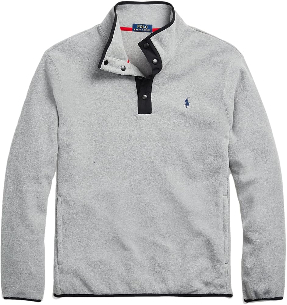 POLO RALPH LAUREN Men's Fleece Pullover Jacket Sweater Snap Closure (Grey Heather 004, XX-Large, 2XL)