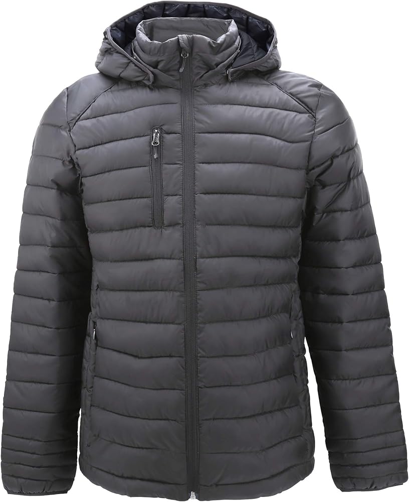 fit space Mens Down Alternative Jacket Quilted Lightweight Packable Padding Coat with Detachable Hood