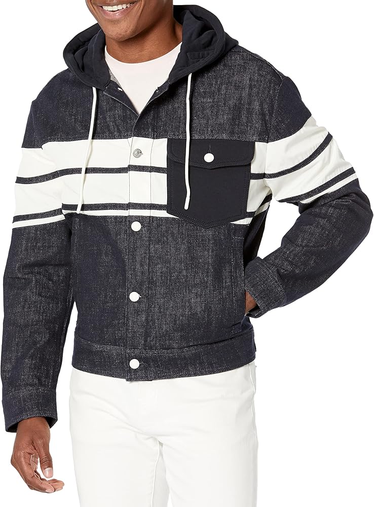 A | X ARMANI EXCHANGE Men's Colorblock Hooded Jacket, Indigo Denim/Vanilla, Medium