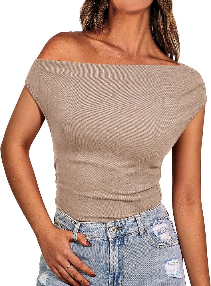 BTFBM Women Off The Shoulder Tops Casual Summer Boat Neck Sleeveless Ruched Ribbed Shirt Slim Fitted Y2K Going Out Top