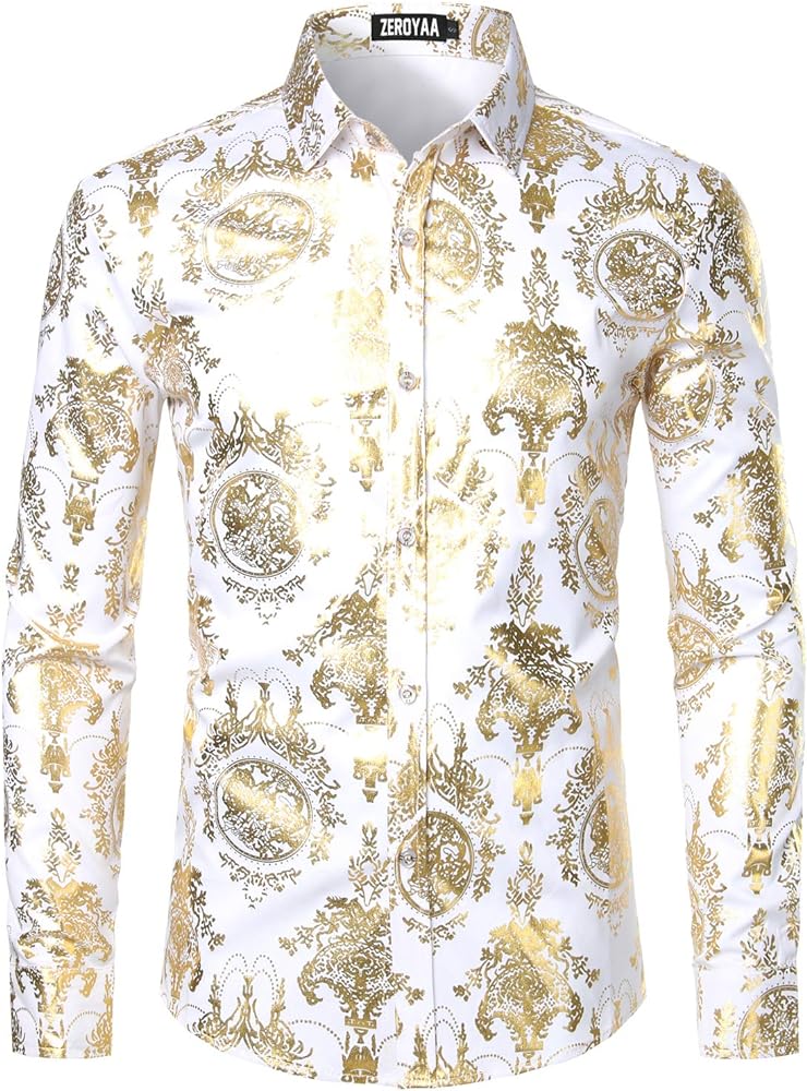 ZEROYAA Men's Luxury Baroque Shiny Design Slim Fit Long Sleeve Button up Dress Shirts