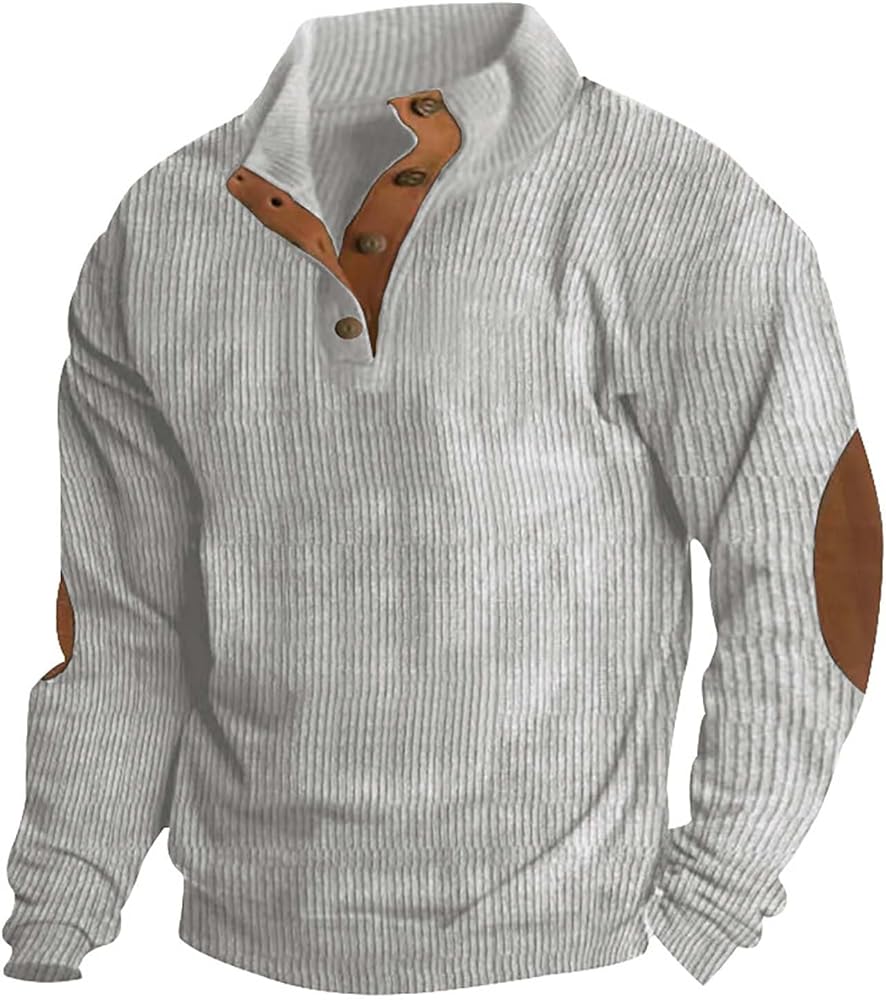 Mens Corduroy Shirts Casual Lapel Collar Button Up Pullover Top Mock Neck Long Sleeve Sweaters Casual Polo Sweatshirts